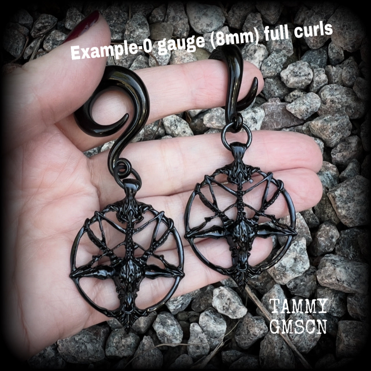 Black baphomet gauged earrings-Occult ear hangers