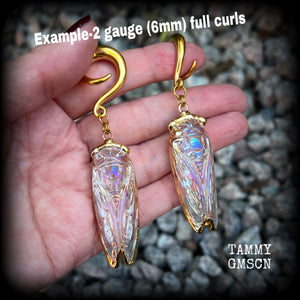 Clear quartz cicada gauged earrings-Gemstone insect ear hangers