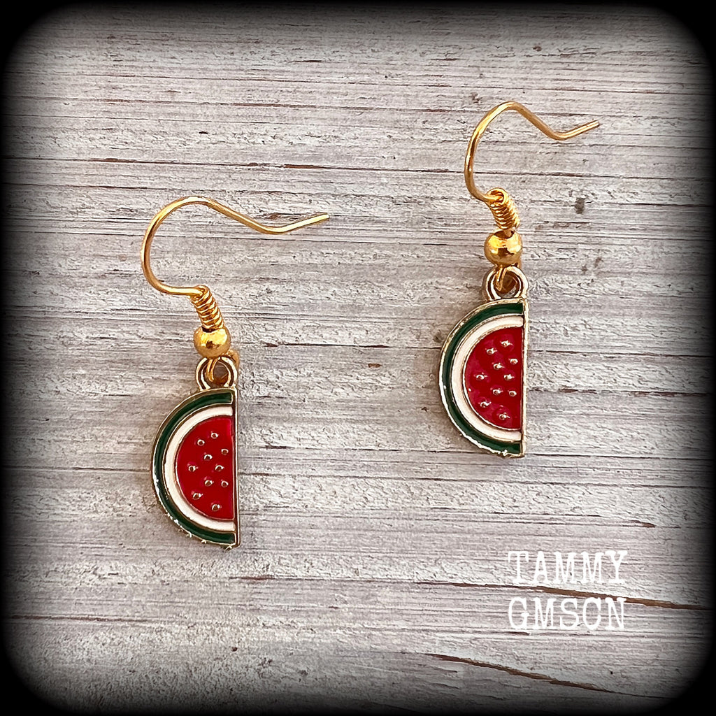 Watermelon earrings Fruit earrings Watermelon slice Fruit salad earrings Vegan earrings Retro earrings Kitsch earrings Pierced ears Gauges
