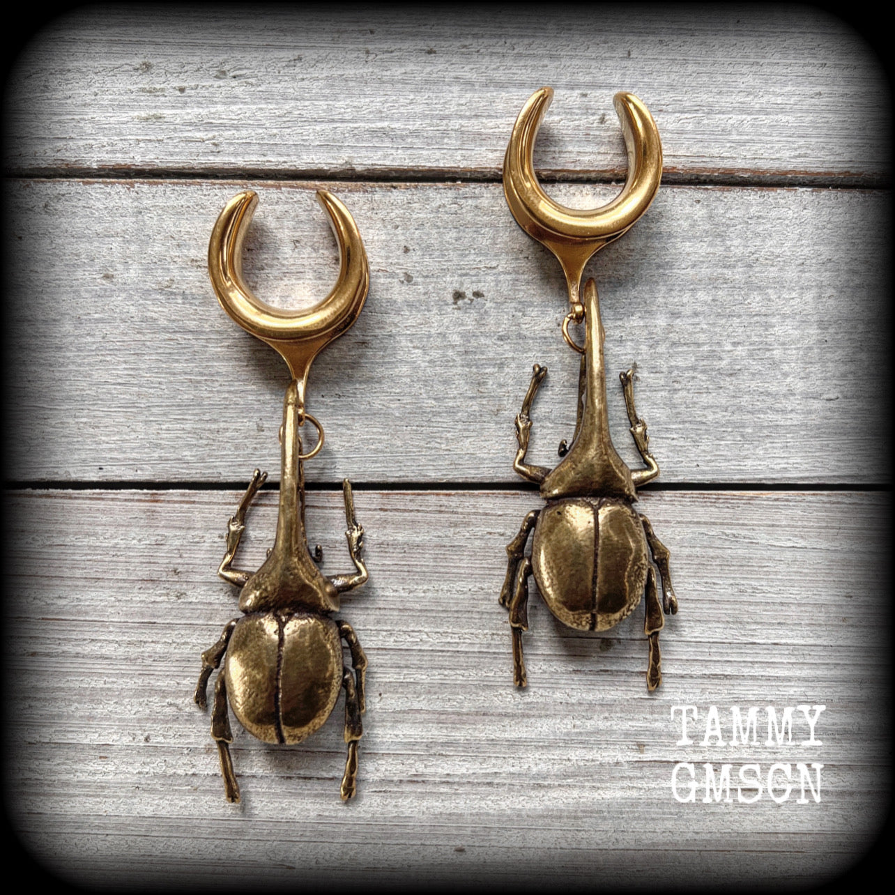 Brass rhinoceros beetle ear hangers Insect ear weights 5/8" 16mm gauge ear weights Brass ear weights 6g 2g 0g 00g 1/2" 9/16" 5/8" 3/4" 7/8" 1" 1.10" 1.18" Entomology Curiosities Shadow box Insect jewelry Bugs jewelry Moss goth