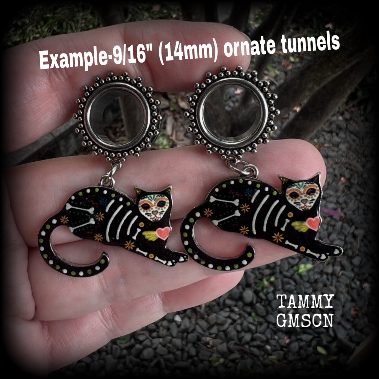 Sugar skull cat ear hangers-Day of the Dead cat gauged earrings