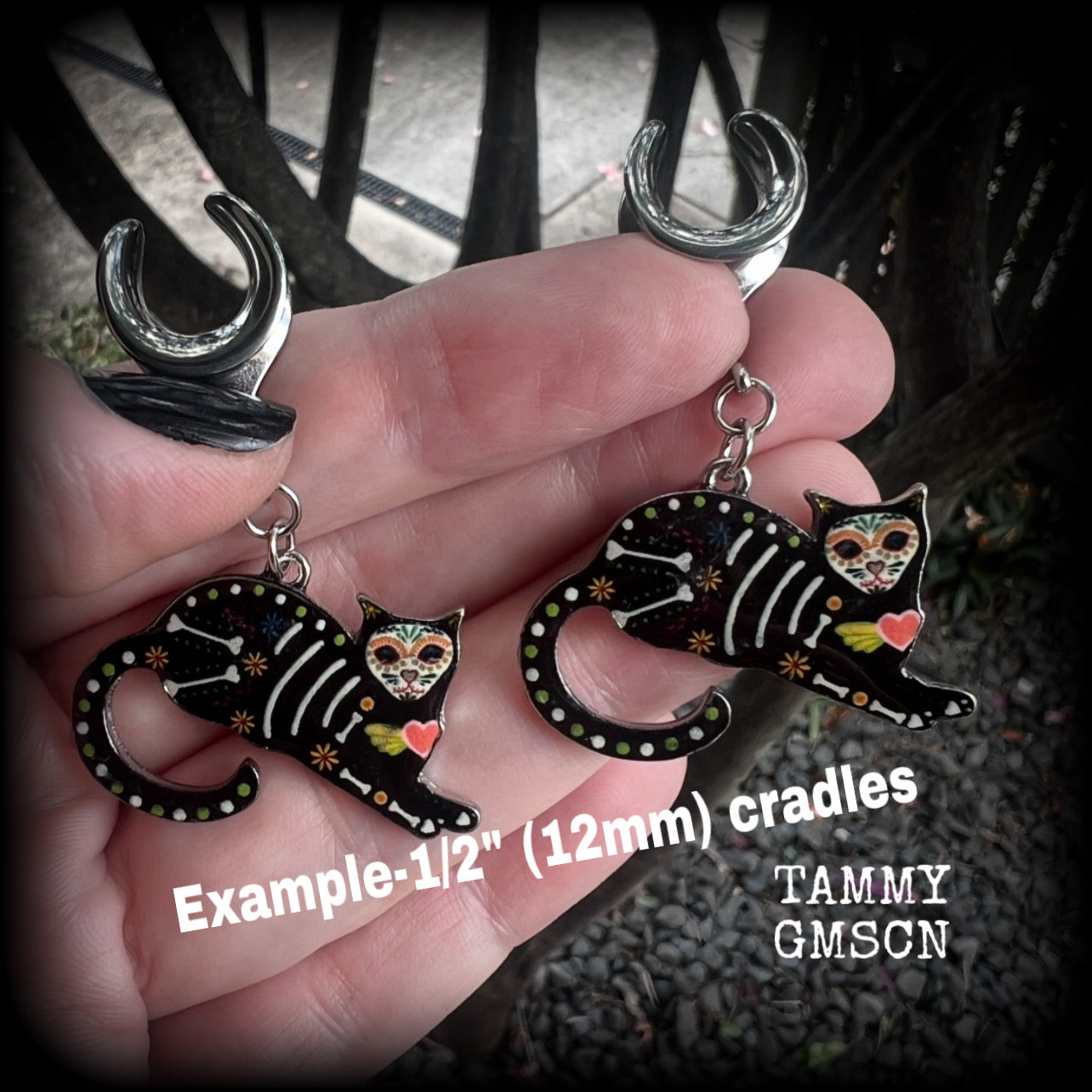 Sugar skull cat ear hangers-Day of the Dead cat gauged earrings