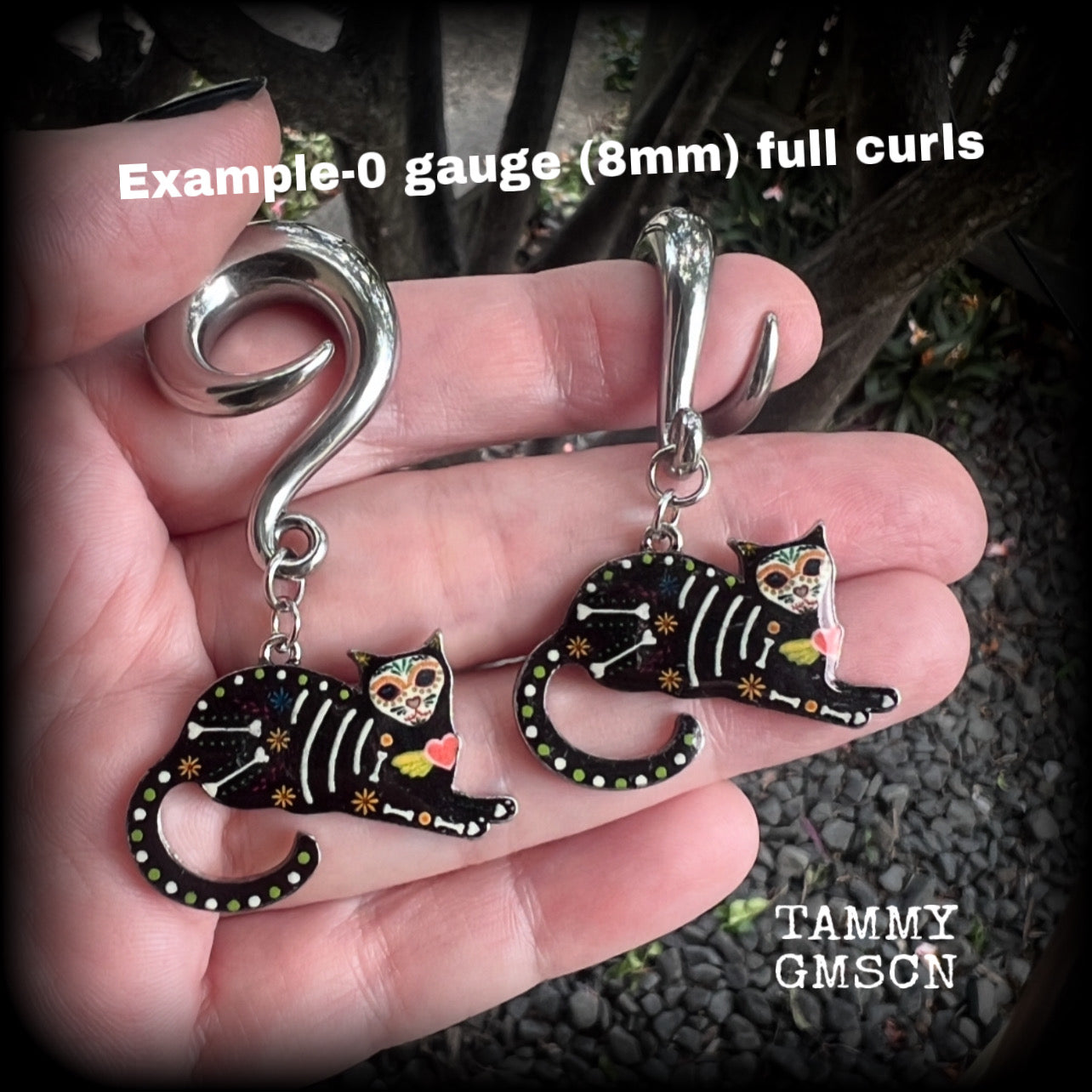Sugar skull cat ear hangers-Day of the Dead cat gauged earrings