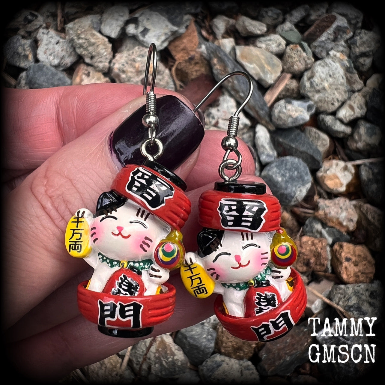 Japanese cat and lucky mallet earrings-Kawaii earrings