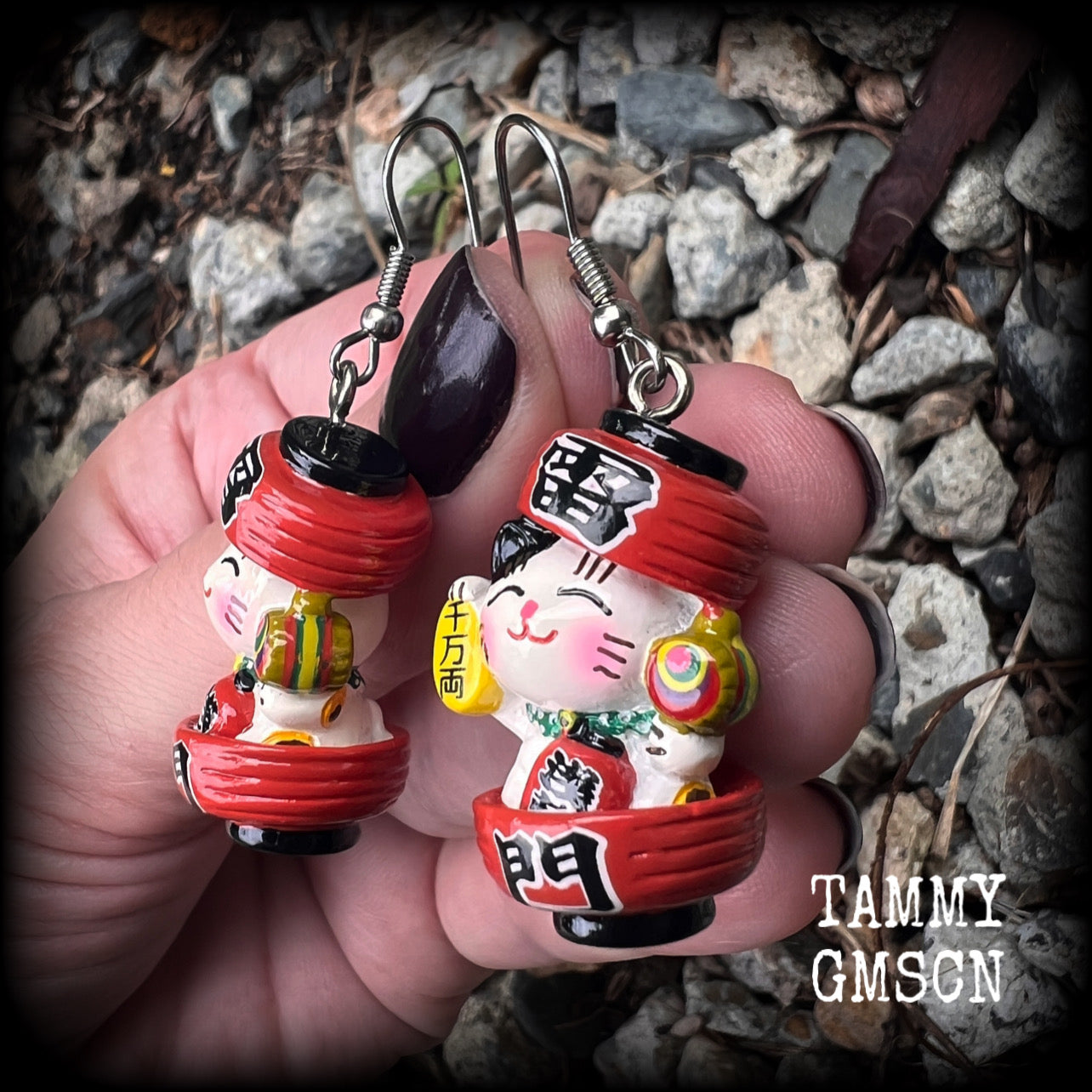 Japanese cat and lucky mallet earrings-Kawaii earrings