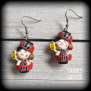 Japanese cat and lucky mallet earrings-Kawaii earrings