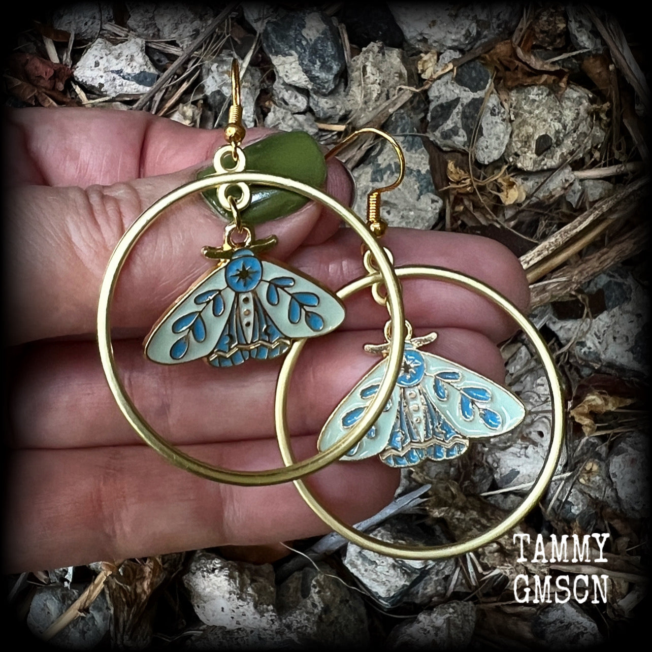 Antique gold blue butterfly hoop earrings