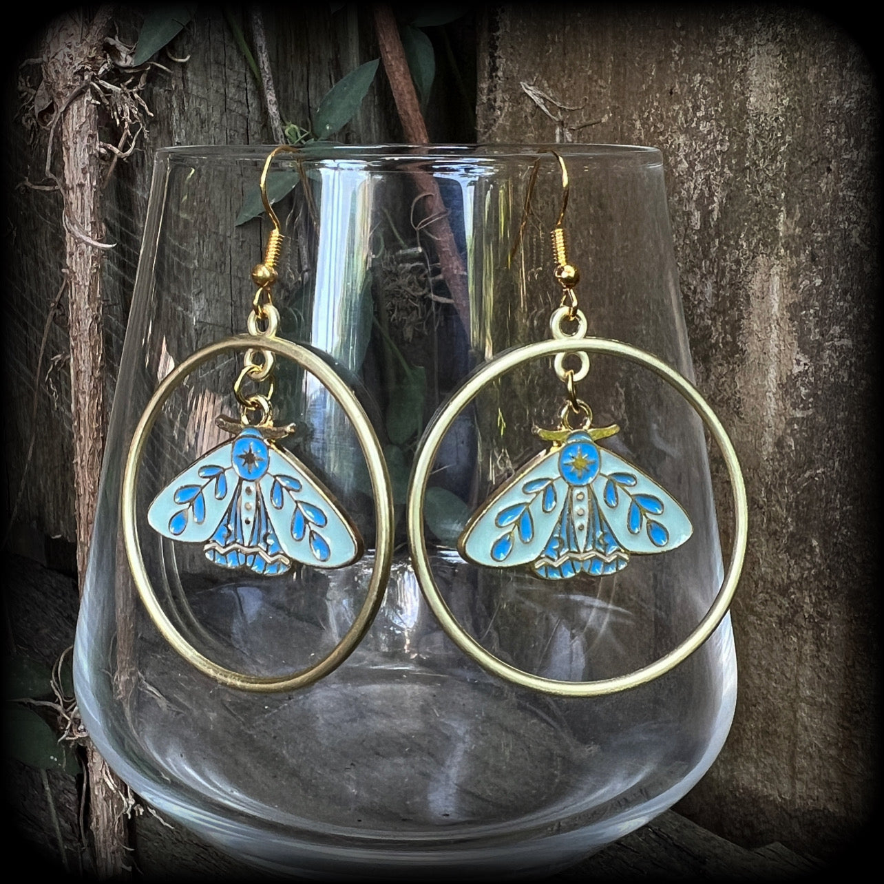 Antique gold blue butterfly hoop earrings