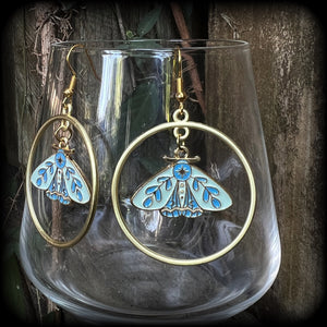 Antique gold blue butterfly hoop earrings