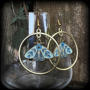 Antique gold blue butterfly hoop earrings