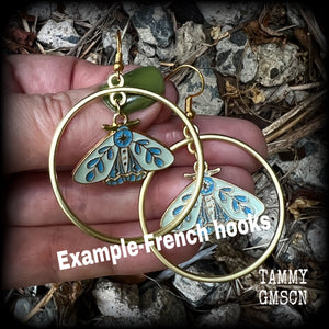 Antique gold blue butterfly hoop earrings