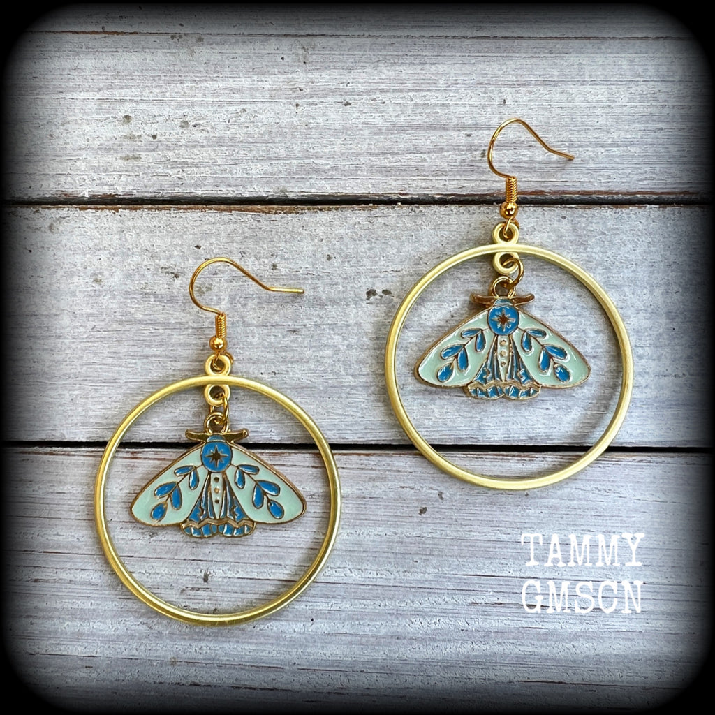 Antique gold blue butterfly hoop earrings