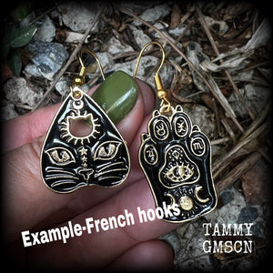 Halloween earrings Black cat earrings Ouija earrings Tarot earrings Halloween earrings Witchy earrings Black Friday Planetary magick Crazy cat lady jewellery Wicca earrings Witchcraft earrings Coven earrings Planchette earrings Ouija board planchette