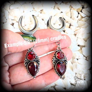 These beautiful boho Garnet ear hangers are made with gorgeous facet gemstones in a beautiful boho antique silver setting, measuring just on 6.5cms from tip to tip, and weighing only 9 grams each, nice and lightweight.  These earrings have been made on 5/8" gauge (16mm) surgical steel cradles, to be worn in stretched lobes.