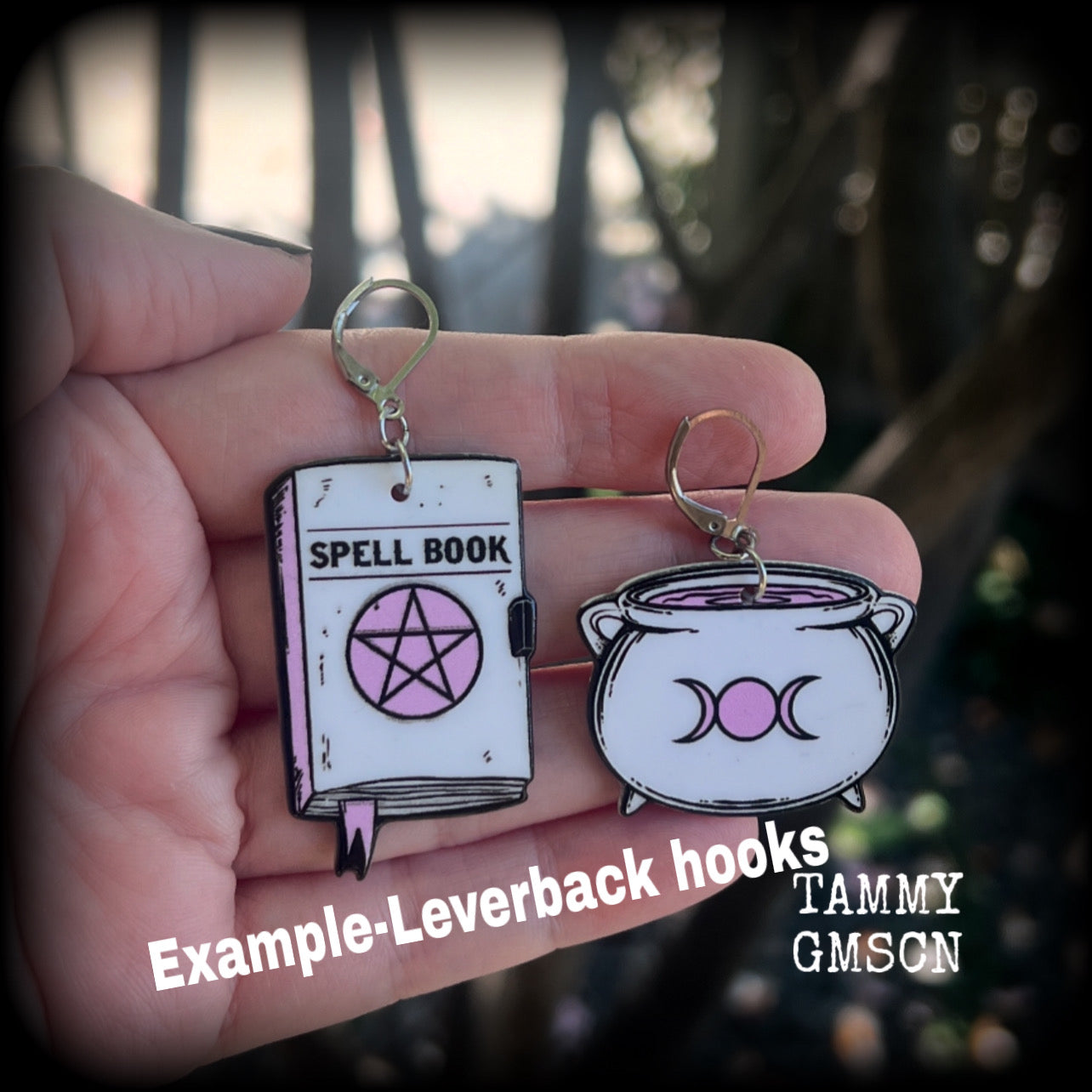 Spooky cute witches cauldron and spell book earrings-Pastel goth earrings