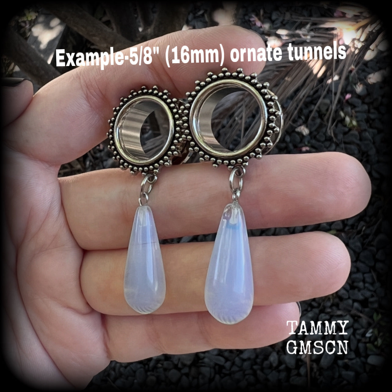 Opalite teardrop tunnel dangles-Boho gemstone ear gauges