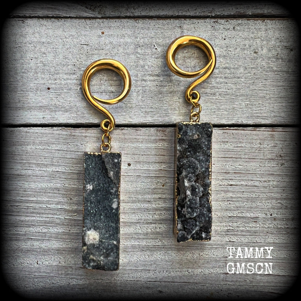 These gorgeous rustic stardust druzy and antique gold earrings measure just over 7cms from tip to tip, and weighing approx 14 grams each.

This pair have been made on 6 gauge (4mm) surgical steel full curl hooks, to be worn in stretched lobes.