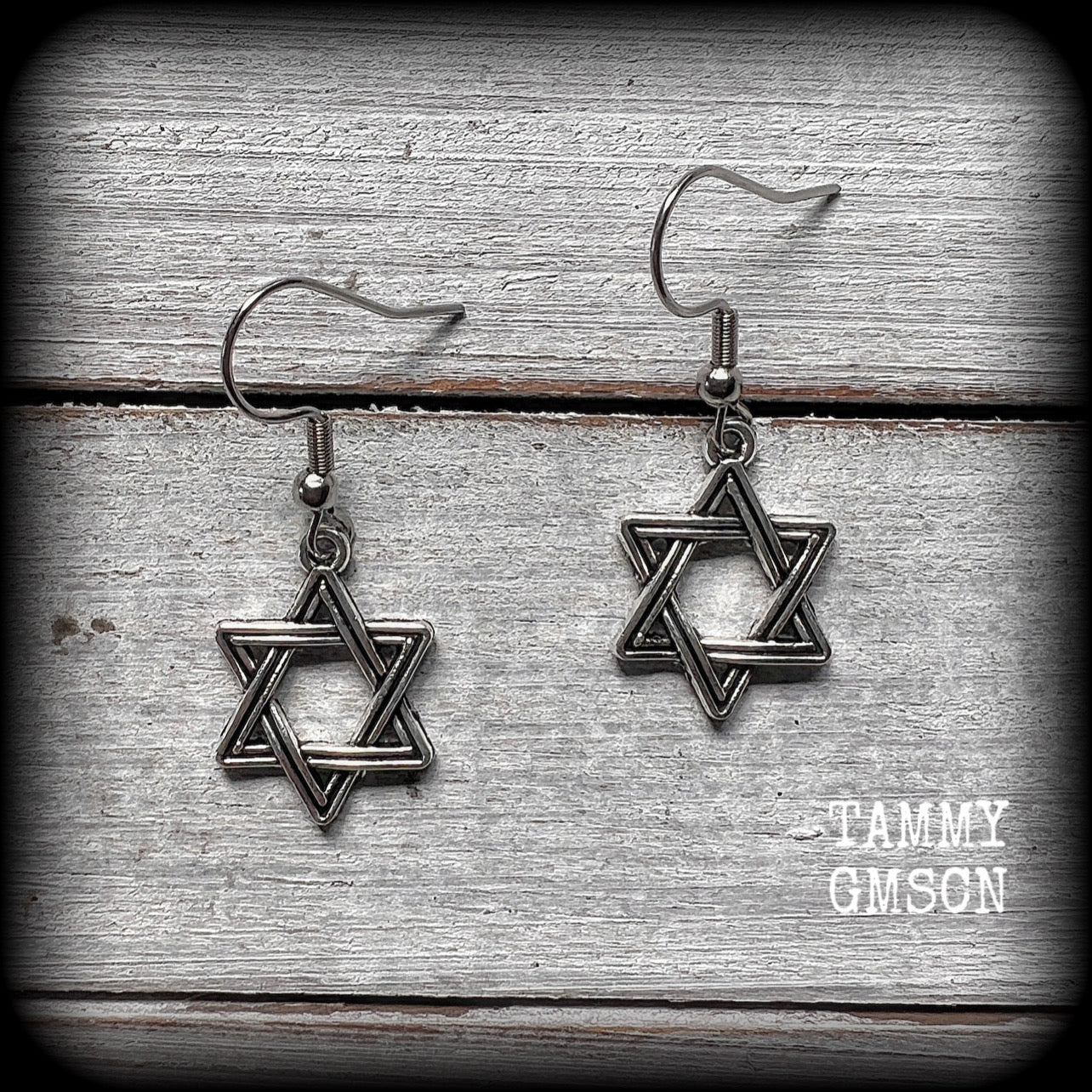 These lovely antique silver Star of David earrings are light weight at only a few grams each, and measure just under 4cms from tip to tip.
This pair has been made with stainless steel french hooks, for pierced ears.