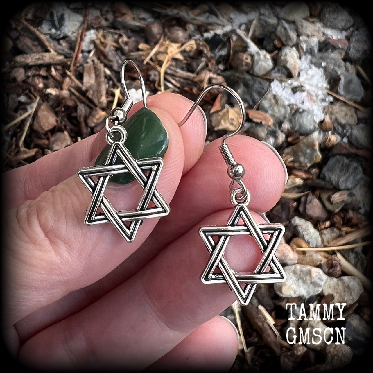 These lovely antique silver Star of David earrings are light weight at only a few grams each, and measure just under 4cms from tip to tip.
This pair has been made with stainless steel french hooks, for pierced ears.