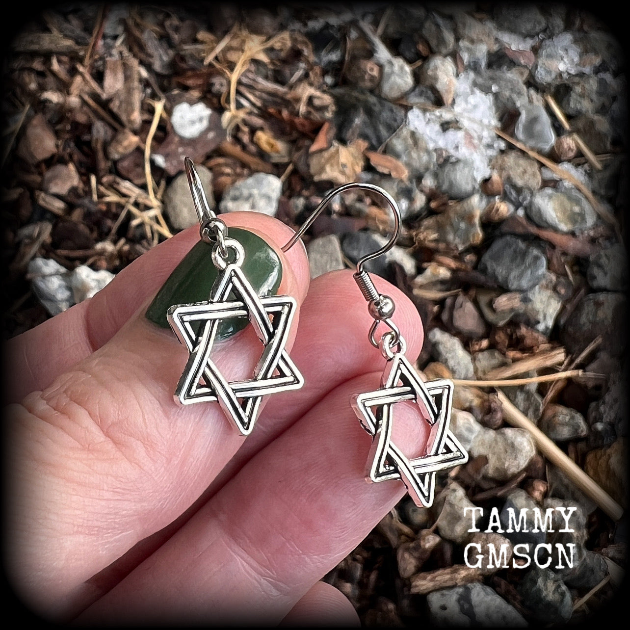 These lovely antique silver Star of David earrings are light weight at only a few grams each, and measure just under 4cms from tip to tip.
This pair has been made with stainless steel french hooks, for pierced ears.
