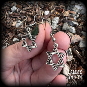These lovely antique silver Star of David earrings are light weight at only a few grams each, and measure just under 4cms from tip to tip.
This pair has been made with stainless steel french hooks, for pierced ears.
