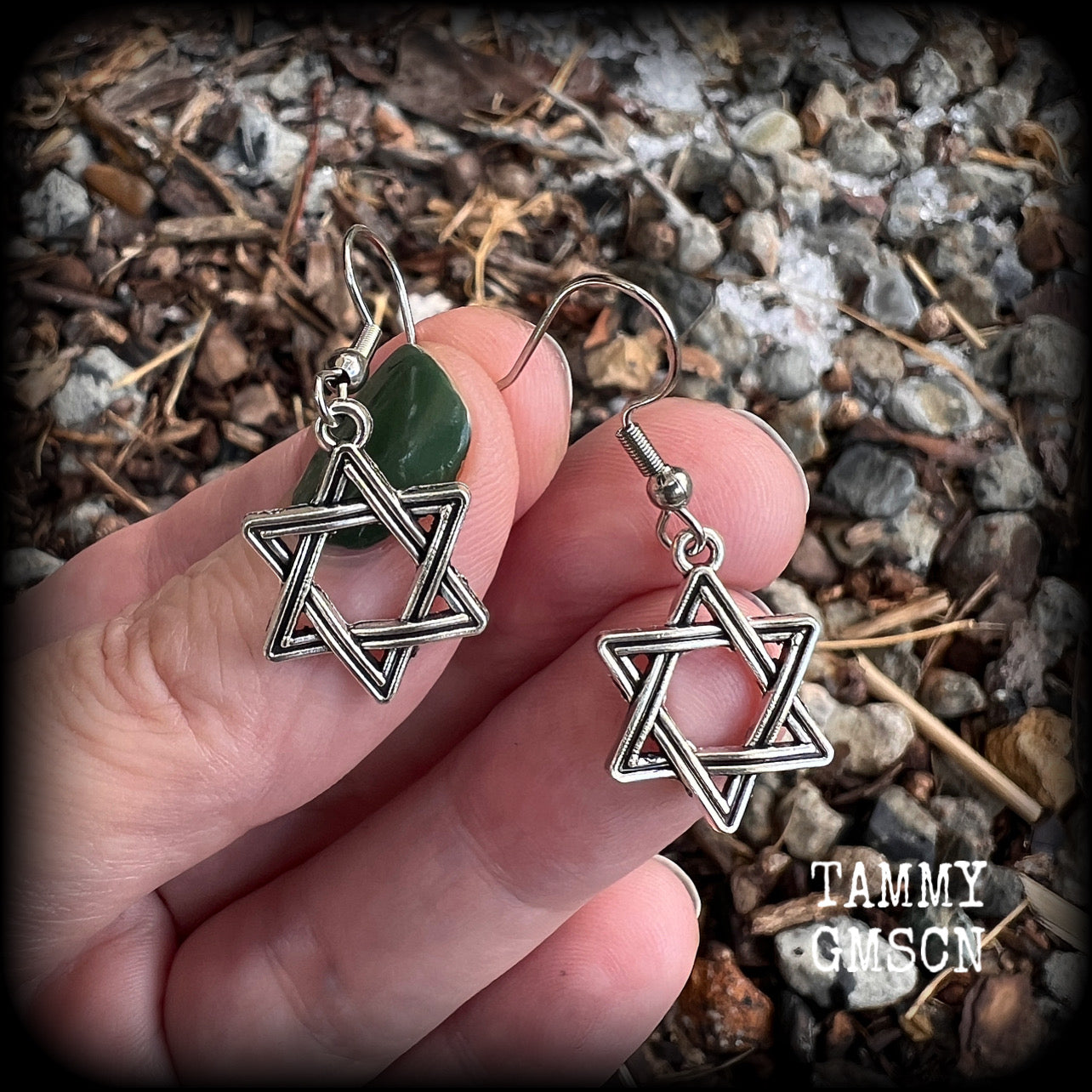 These lovely antique silver Star of David earrings are light weight at only a few grams each, and measure just under 4cms from tip to tip.
This pair has been made with stainless steel french hooks, for pierced ears.