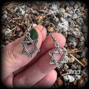 These lovely antique silver Star of David earrings are light weight at only a few grams each, and measure just under 4cms from tip to tip.
This pair has been made with stainless steel french hooks, for pierced ears.