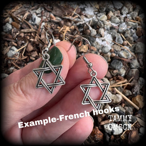 These lovely antique silver Star of David earrings are light weight at only a few grams each, and measure just under 4cms from tip to tip.
This pair has been made with stainless steel french hooks, for pierced ears.