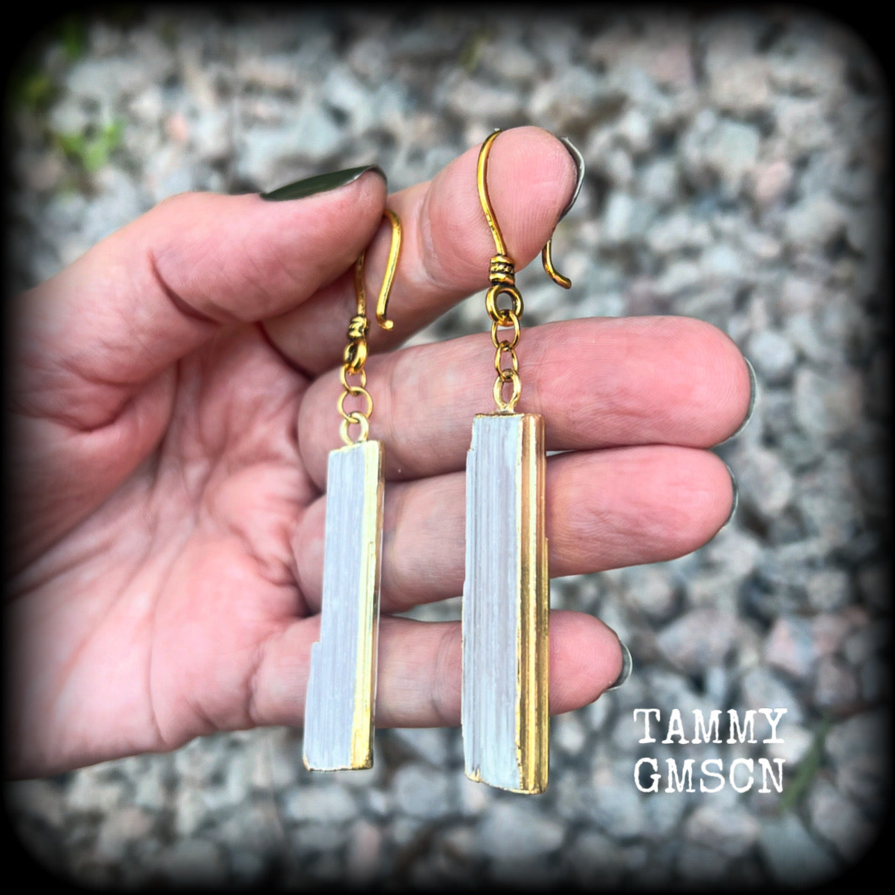 🔥 Selenite is named after the Greek Goddess of the Moon, Selene 🔥  These gorgeous minimalist earrings are nice and dangly, measuring approx 7.5cms from tip to tip, and nice and lightweight, weighing around 6 grams each.   This pair has been made on small antique gold shephard hooks to be worn through silicone earlets from 8 gauge (3mm).