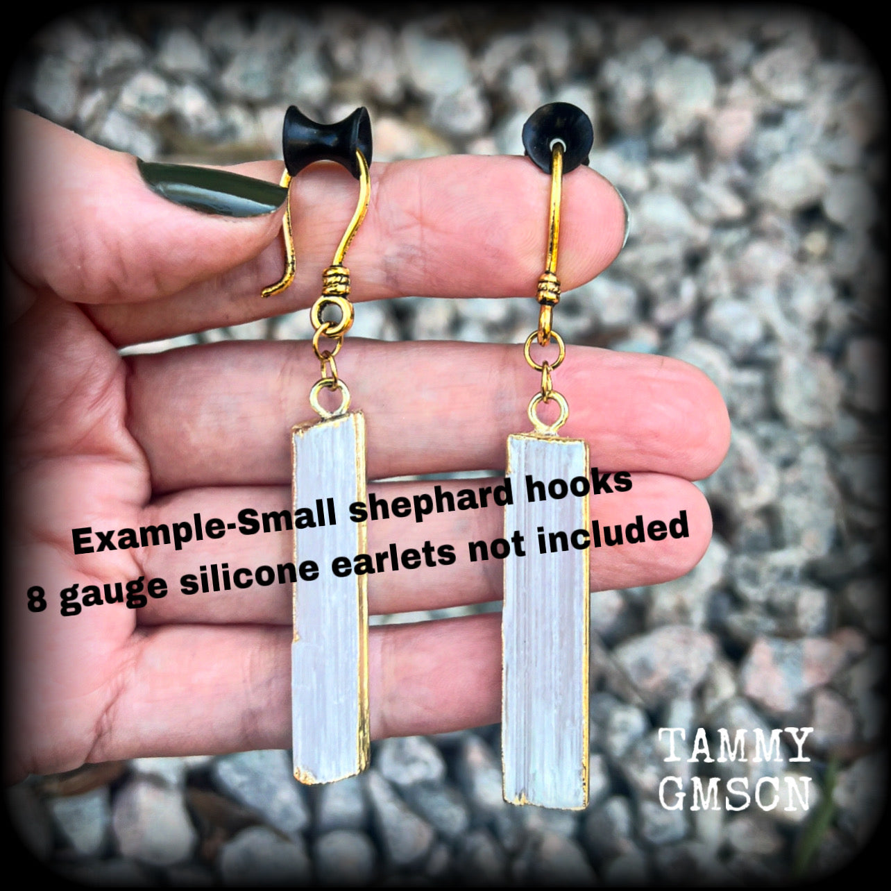 🔥 Selenite is named after the Greek Goddess of the Moon, Selene 🔥  These gorgeous minimalist earrings are nice and dangly, measuring approx 7.5cms from tip to tip, and nice and lightweight, weighing around 6 grams each.   This pair has been made on small antique gold shephard hooks to be worn through silicone earlets from 8 gauge (3mm).