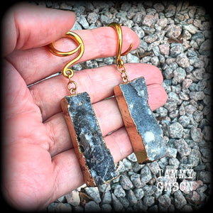 These gorgeous rustic stardust druzy and antique gold earrings measure just over 7cms from tip to tip, and weighing approx 14 grams each.

This pair have been made on 6 gauge (4mm) surgical steel full curl hooks, to be worn in stretched lobes.