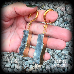These gorgeous rustic stardust druzy and antique gold earrings measure just over 7cms from tip to tip, and weighing approx 14 grams each.

This pair have been made on 6 gauge (4mm) surgical steel full curl hooks, to be worn in stretched lobes.