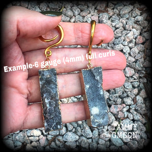 These gorgeous rustic stardust druzy and antique gold earrings measure just over 7cms from tip to tip, and weighing approx 14 grams each.

This pair have been made on 6 gauge (4mm) surgical steel full curl hooks, to be worn in stretched lobes.