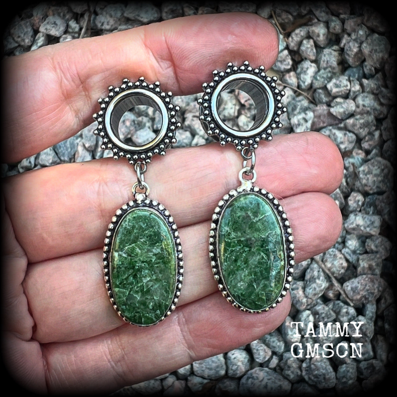 These unique tunnel earrings have been made with beautiful moss agate gemstones, are light weight at approx 10 grams each, and measuring just over 5cms from tip to tip.

This pair have been made on 1/2” gauge (12mm) gauge ornate surgical steel screw fit tunnels.