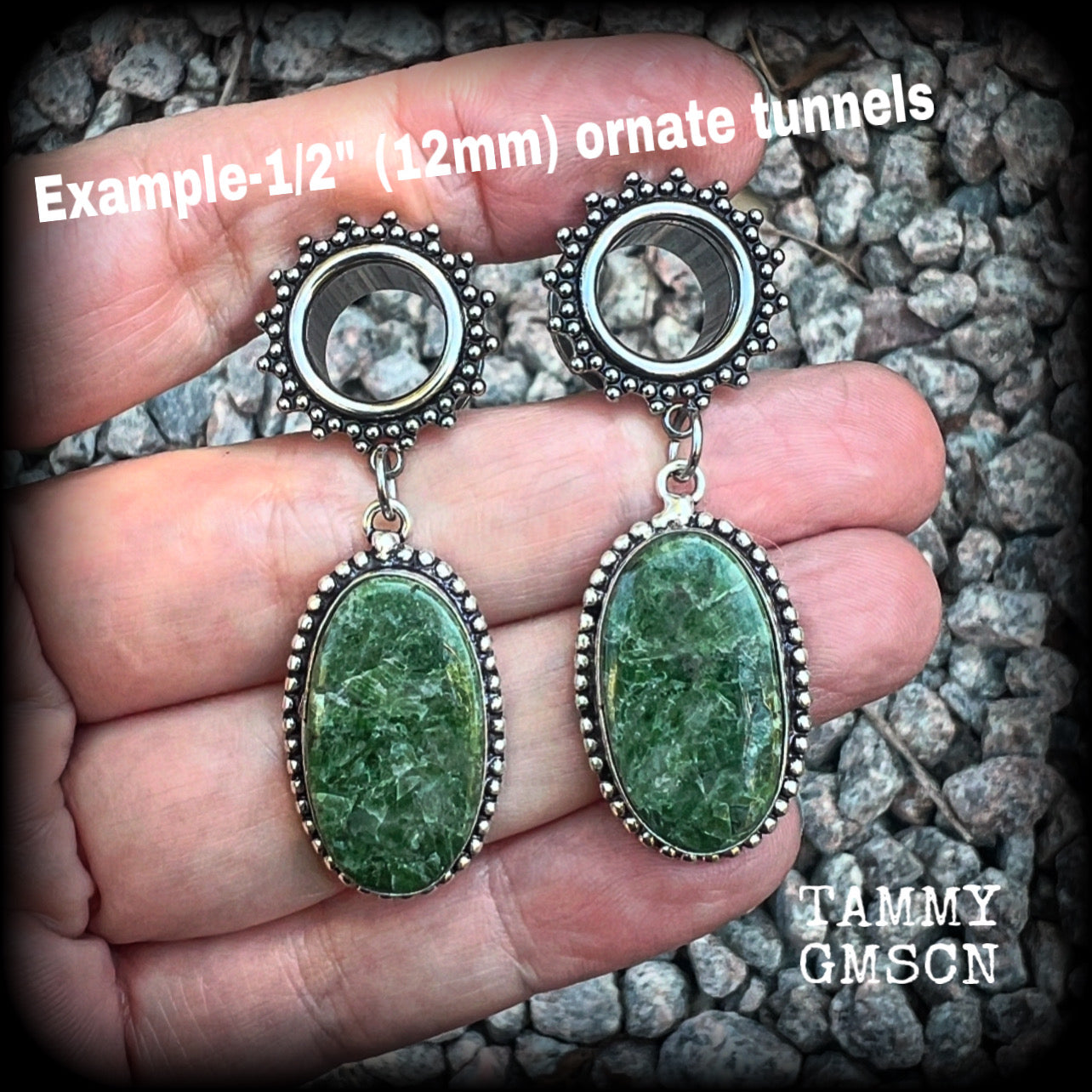 These unique tunnel earrings have been made with beautiful moss agate gemstones, are light weight at approx 10 grams each, and measuring just over 5cms from tip to tip.

This pair have been made on 1/2” gauge (12mm) gauge ornate surgical steel screw fit tunnels.