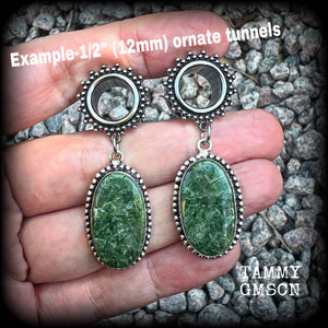 These unique tunnel earrings have been made with beautiful moss agate gemstones, are light weight at approx 10 grams each, and measuring just over 5cms from tip to tip.

This pair have been made on 1/2” gauge (12mm) gauge ornate surgical steel screw fit tunnels.