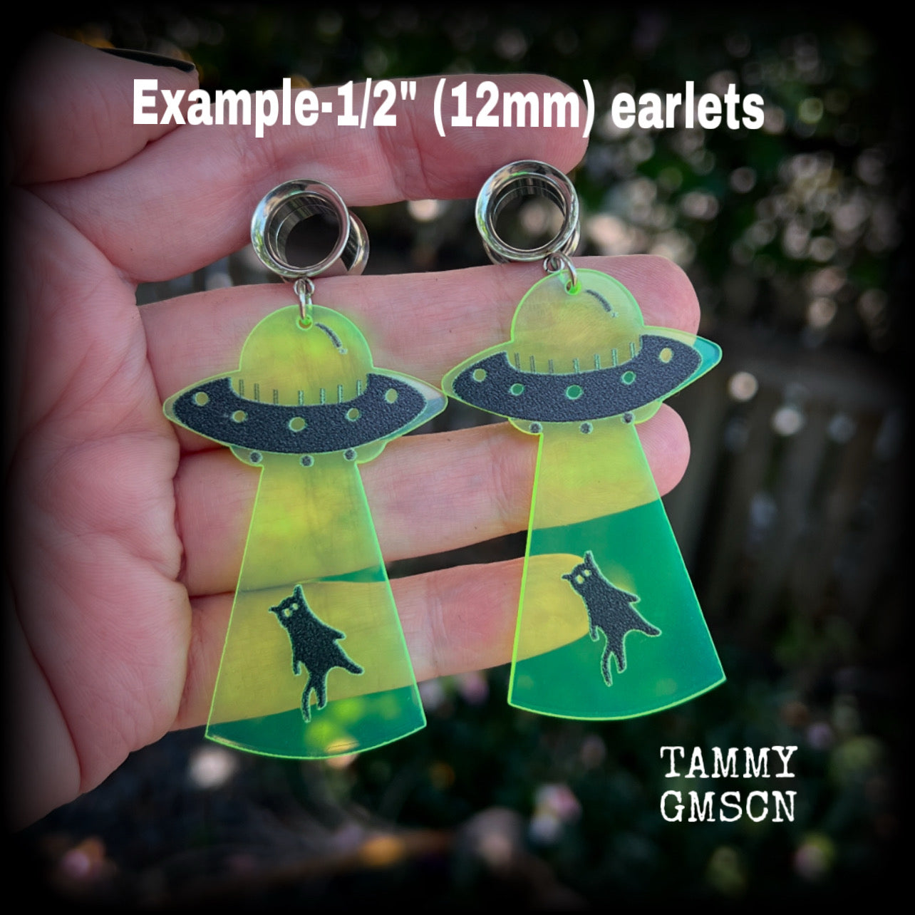 Black cat abduction tunnel dangles-UFO earrings