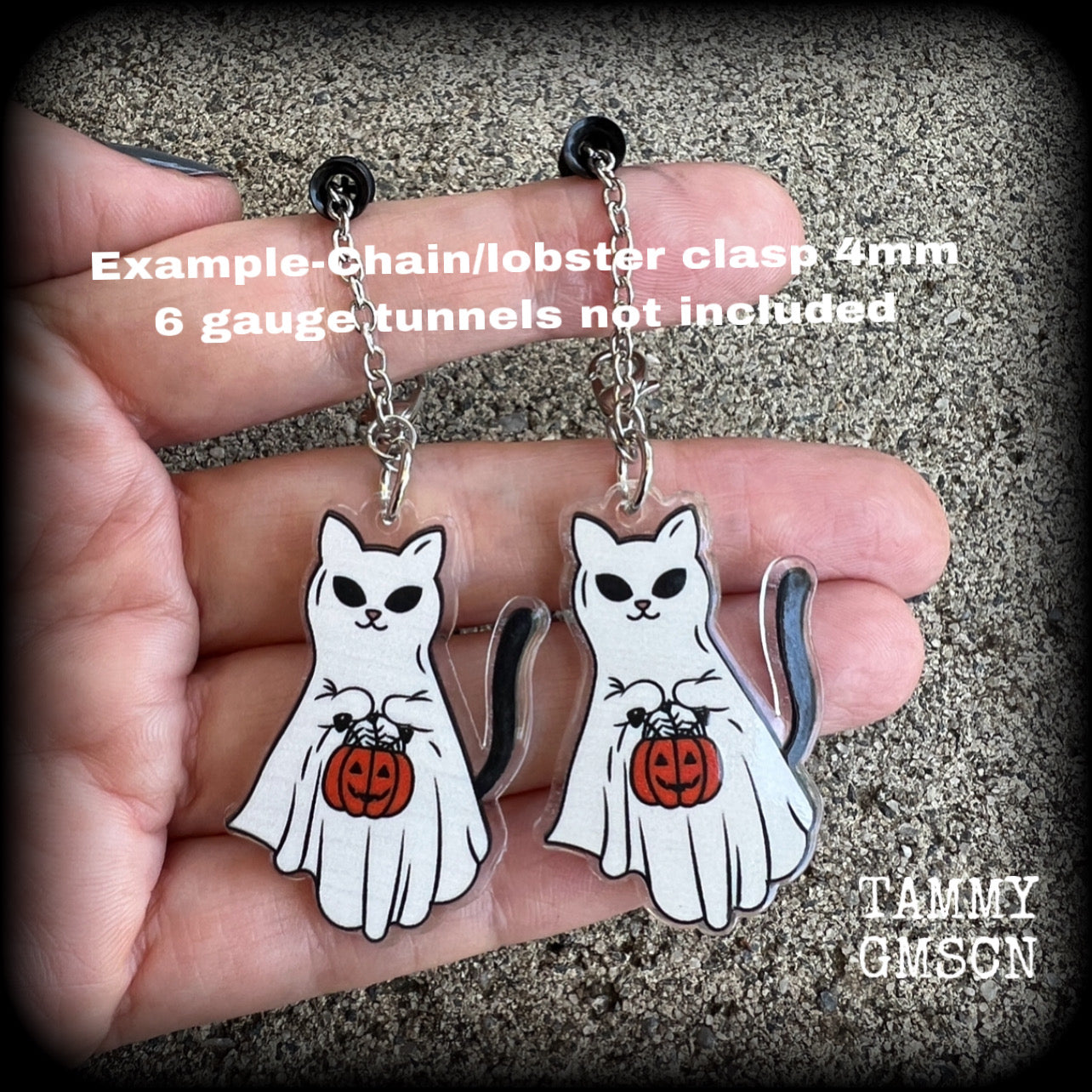 Ghost cat earrings Ghost earrings Jack o' lantern earrings Halloween earrings Spooky cute earrings Supernatural Spectre Ghost hunting Truck or treat Spooky earrings Halloween jewelry Cute earry Tunnels Plugs Ear gauges Gauged ears Pierced ears