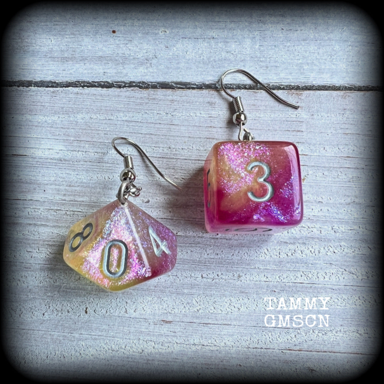 Pink and peach galaxy gaming dice earrings-Gamer girl earrings