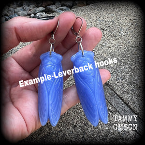 Blue jade cicada earrings-Gemstone insect ear hangers