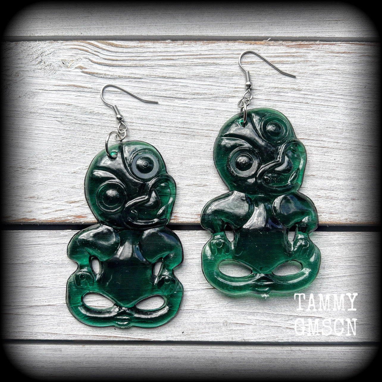 Green tiki earrings-Polynesian jewelry