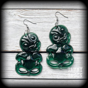 Green tiki earrings-Polynesian jewelry