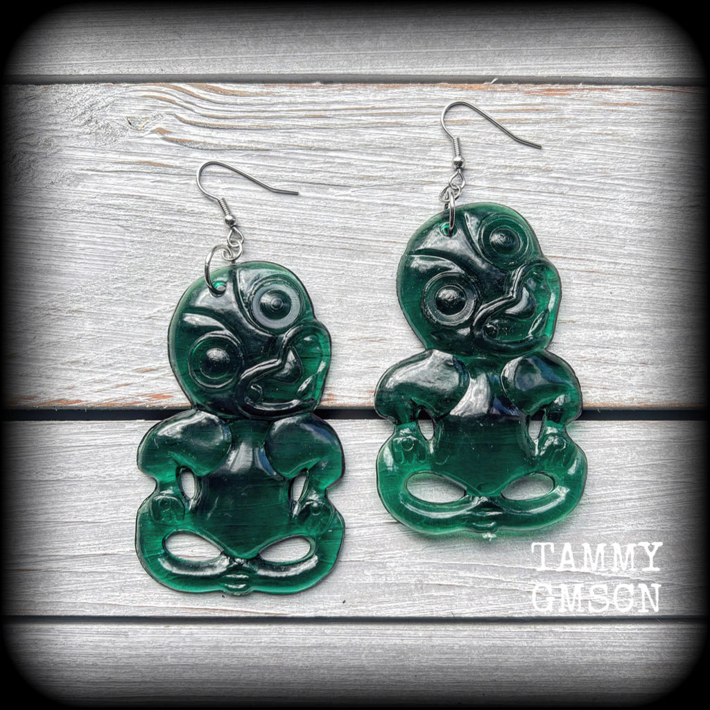 Green tiki earrings-Polynesian jewelry