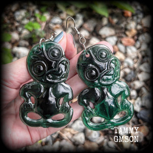 Green tiki earrings-Polynesian jewelry