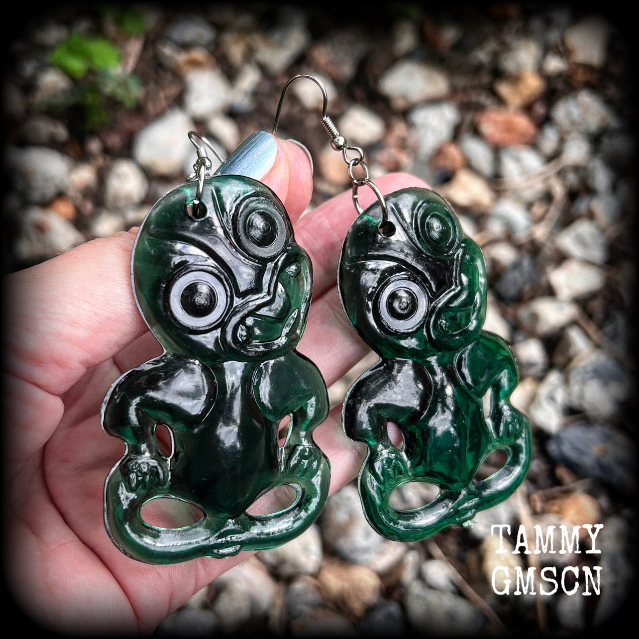 Green tiki earrings-Polynesian jewelry