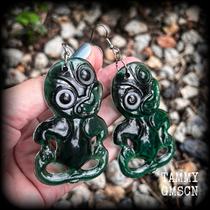 Green tiki earrings-Polynesian jewelry