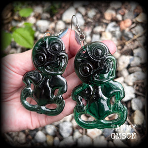 Green tiki earrings-Polynesian jewelry