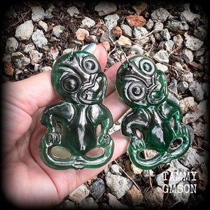 Green tiki earrings-Polynesian jewelry