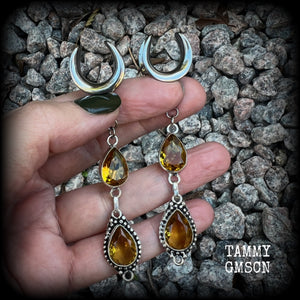 These beautiful boho gauged earrings have been made with gorgeous yellow citrine gemstones, lovely and dangly at approx 8.5cms from tip to tip, and weighing approx 9 grams each.  These earrings have been made on 5/8” gauge (16mm) surgical steel cradles, to be worn in stretched lobes.