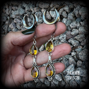 These beautiful boho gauged earrings have been made with gorgeous yellow citrine gemstones, lovely and dangly at approx 8.5cms from tip to tip, and weighing approx 9 grams each.  These earrings have been made on 5/8” gauge (16mm) surgical steel cradles, to be worn in stretched lobes.